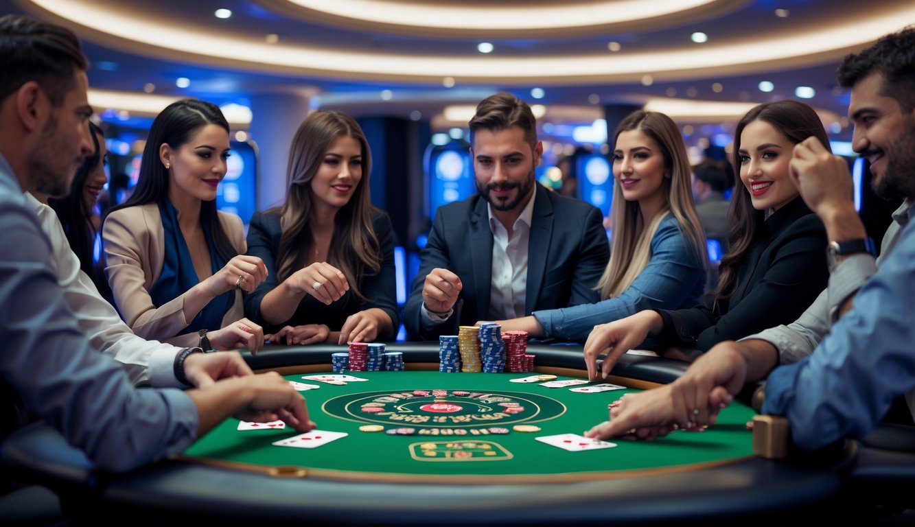 Beberapa pemain poker sedang bermain di meja poker bundar dengan tumpukan chip dan kartu di kasino yang terang dan rapi.