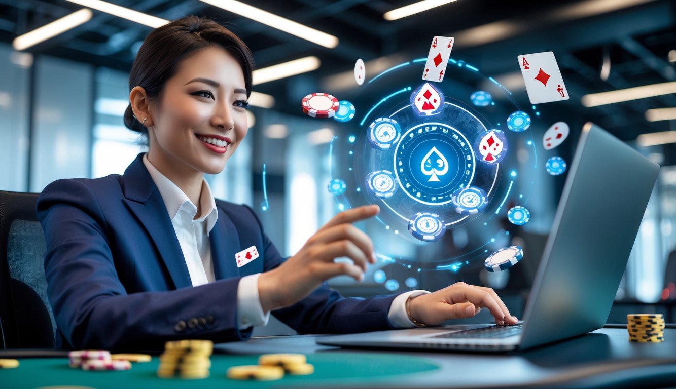 Seorang agen poker profesional di kantor modern dengan elemen kartu dan chip poker digital yang melayang di sekitarnya, menunjukkan suasana kepercayaan dan keadilan.
