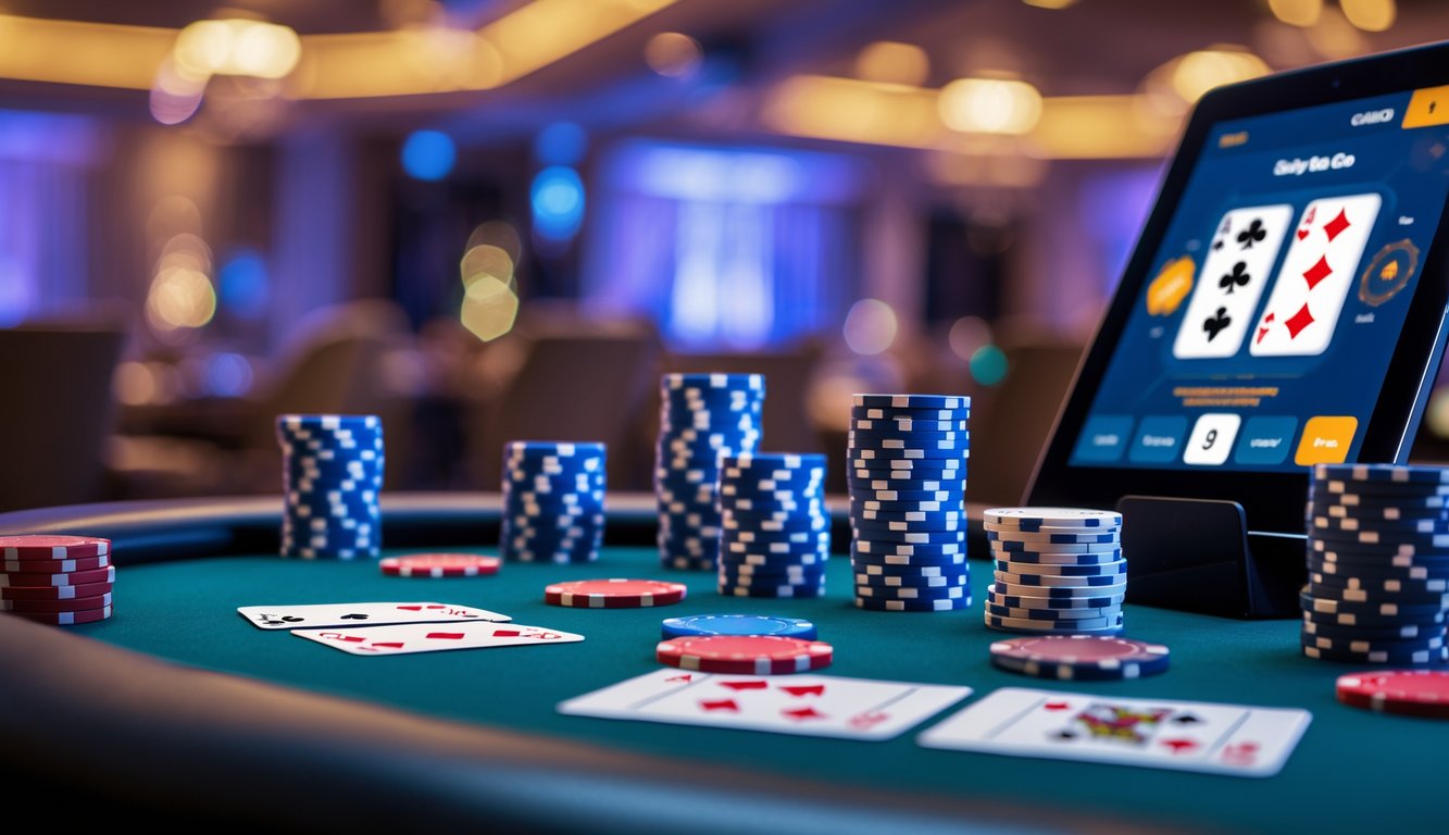 Meja poker modern dengan chip, kartu, dan perangkat digital yang menampilkan aplikasi poker dalam suasana kasino yang elegan.