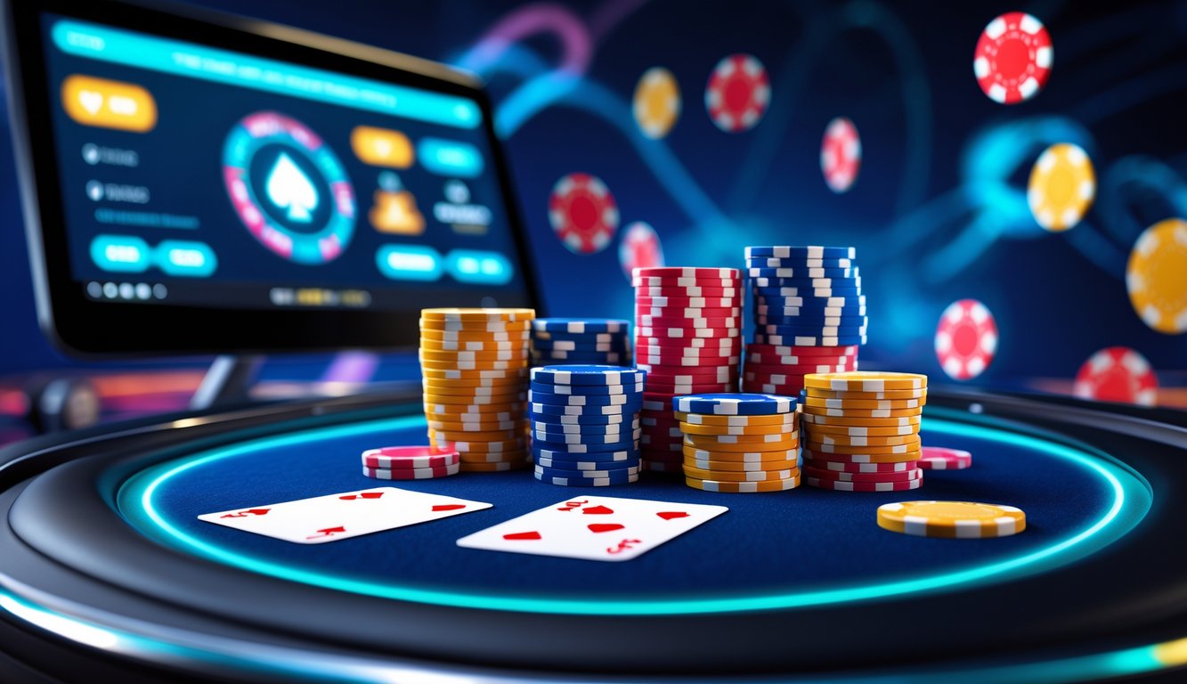 Meja poker digital dengan chip dan kartu bermain, menampilkan suasana permainan poker online yang profesional dan terpercaya.