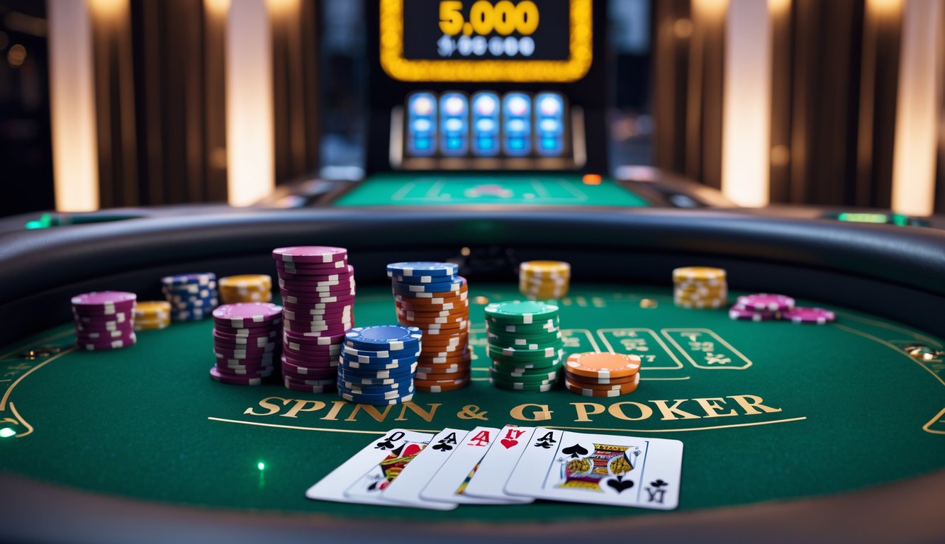 Meja poker dengan tumpukan chip dan kartu bermain, menampilkan suasana kasino modern dengan lampu ambient dan tampilan jackpot digital di latar belakang.