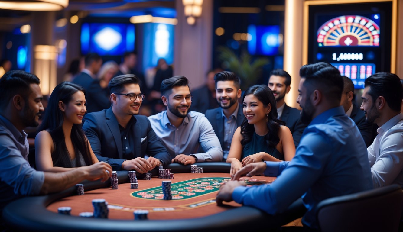 Sekelompok orang bermain poker di meja kasino dengan suasana cerah dan chip poker serta kartu bermain di atas meja.