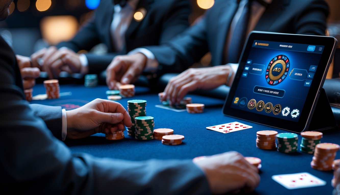 Meja poker modern dengan chip dan kartu bermain, serta perangkat digital yang menampilkan permainan poker.