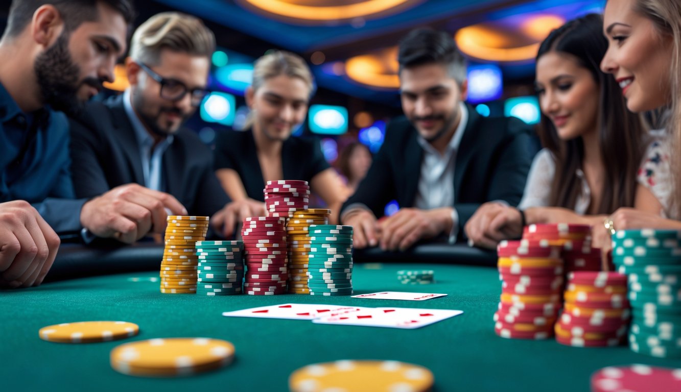 Meja poker dengan tumpukan chip dan kartu, dikelilingi oleh pemain yang fokus bermain dalam suasana kasino modern.