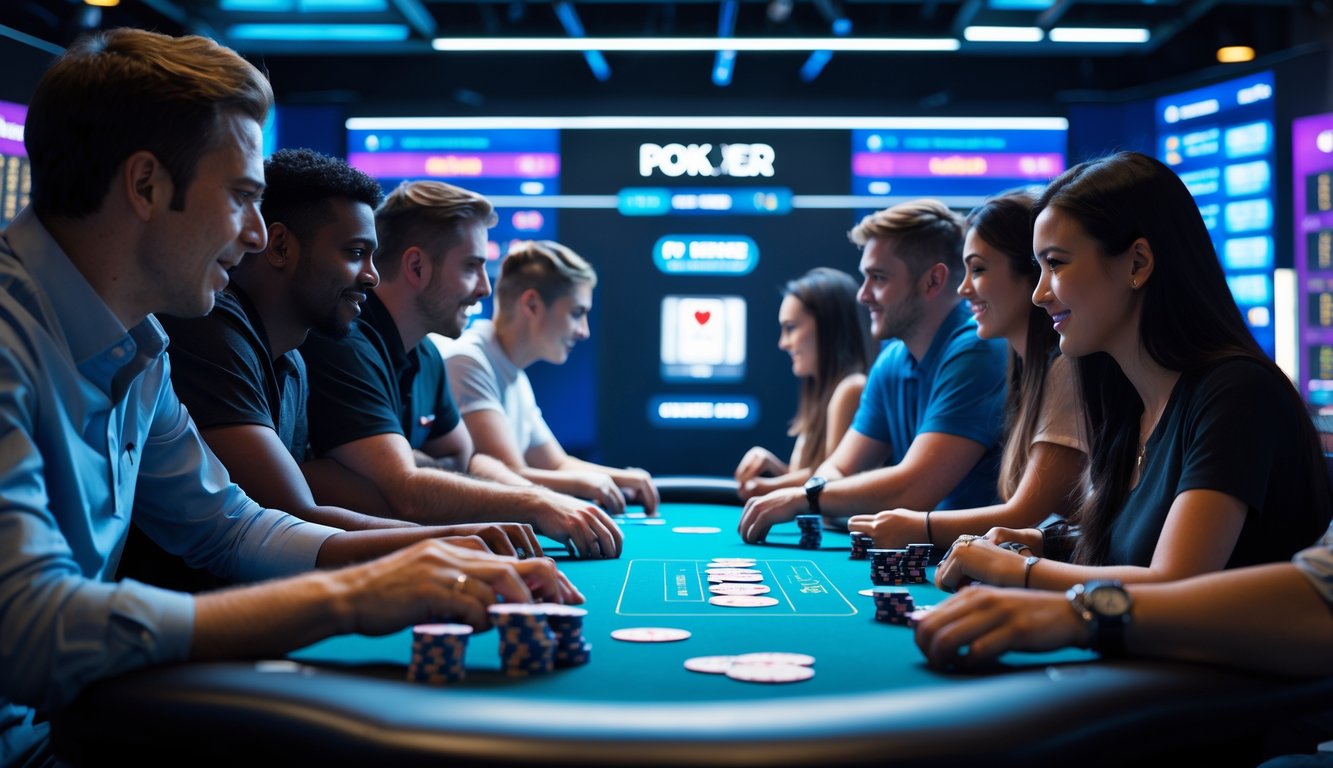 Sekelompok pemain poker yang serius bermain di meja poker modern dengan kartu dan chip, suasana kompetitif dan menarik.