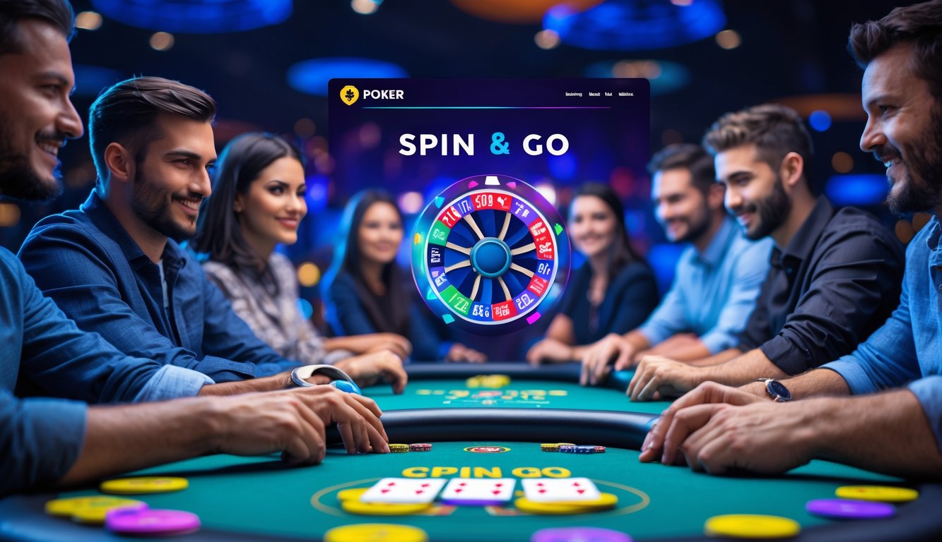 Suasana permainan poker online dengan meja Spin & Go, chip warna-warni, kartu, dan pemain yang fokus bermain.