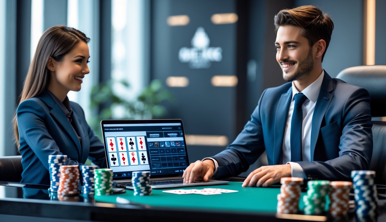 Seorang agen poker yang percaya diri dan ramah sedang berbicara dengan klien di kantor modern dengan perlengkapan poker di meja.