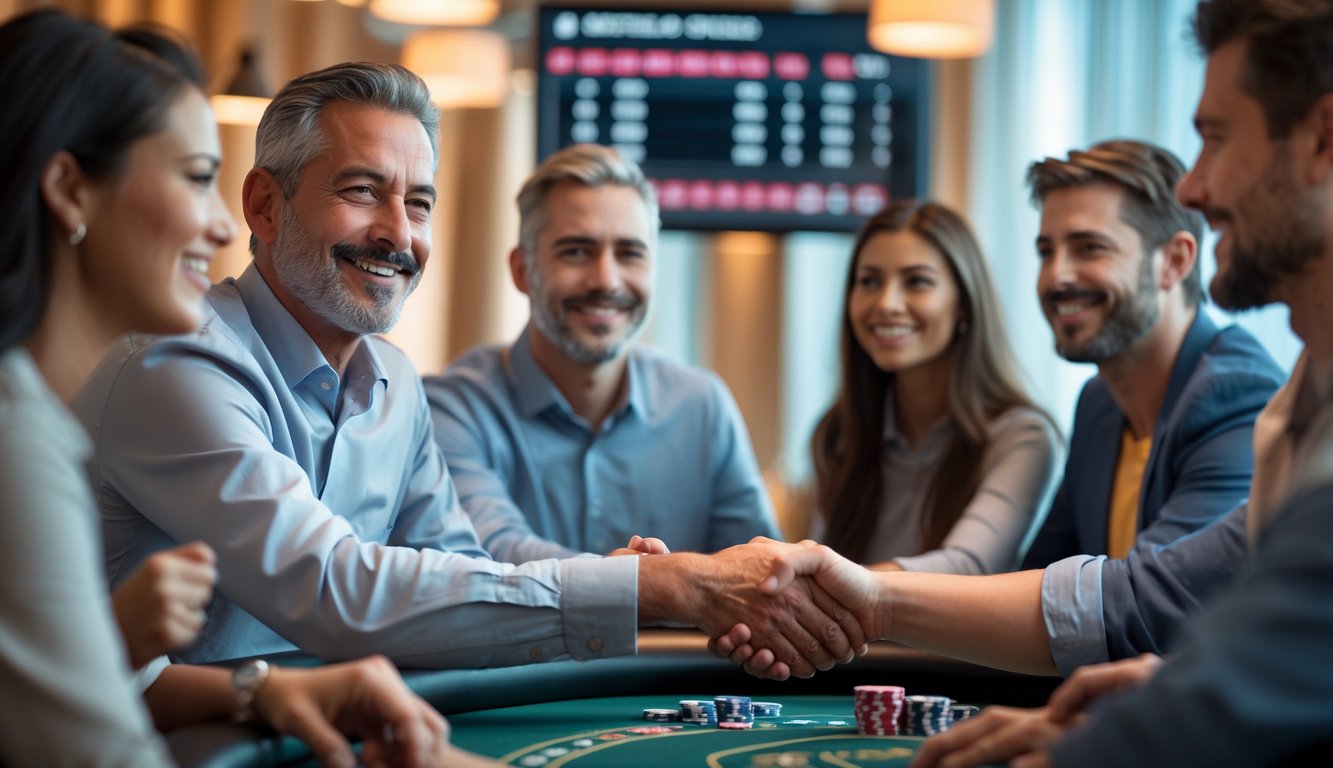 Sekelompok orang sedang berjabat tangan di meja poker modern di kasino yang terang dan mewah, menunjukkan kepercayaan dan kemitraan.