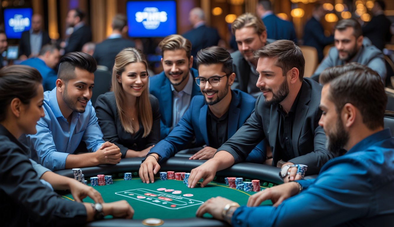 Sekelompok orang bermain poker Spin & Go di meja kasino dengan suasana serius dan fokus.