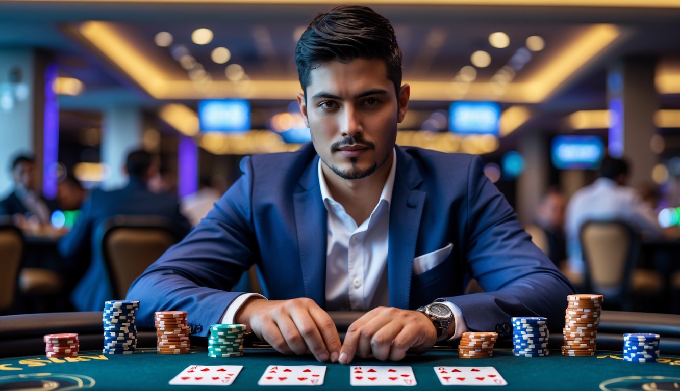 Seorang pemain poker yang percaya diri duduk di meja kasino dengan tumpukan chip dan kartu, fokus bermain di ruangan poker yang modern.