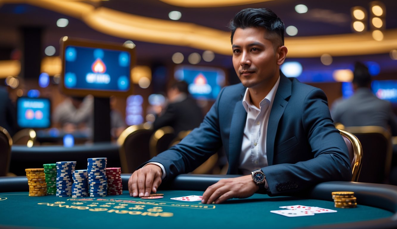 Seorang pemain poker fokus duduk di meja kasino dengan tumpukan chip dan kartu bermain, suasana kasino modern di latar belakang.