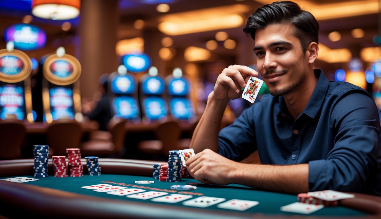 Seorang pemain poker muda duduk di meja poker dengan kartu dan chip, tampak fokus dan berpikir strategis di suasana kasino.