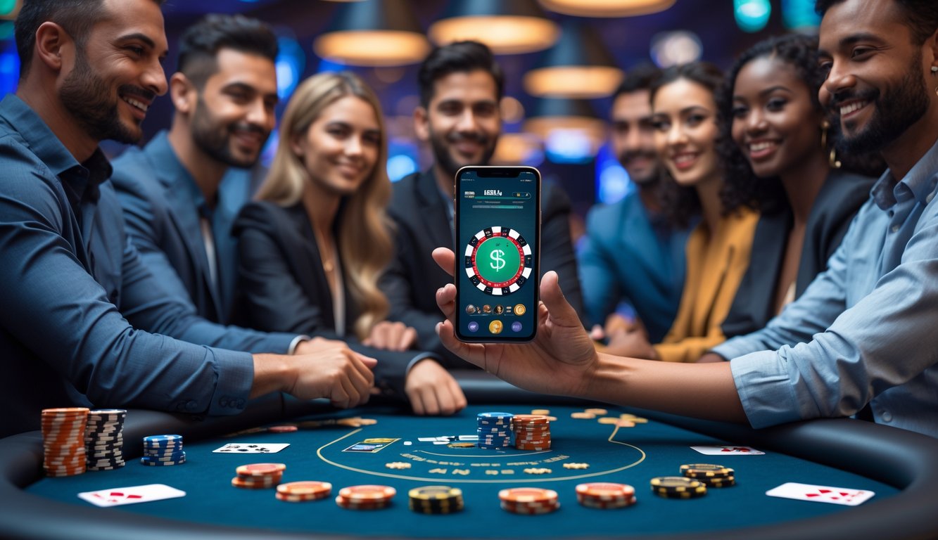 Sekelompok orang sedang bermain poker di meja kasino dengan ponsel yang menampilkan aplikasi poker.