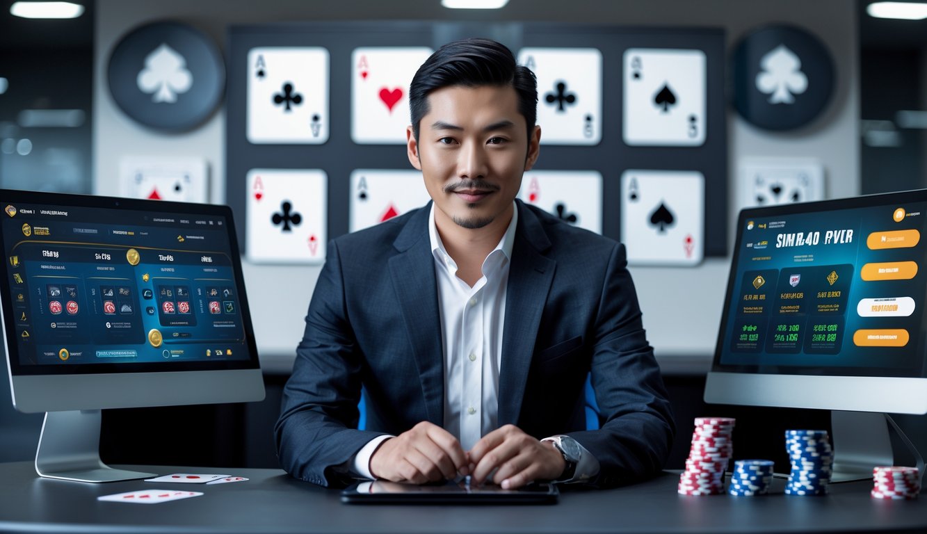 Seorang pria profesional duduk di meja kantor modern dengan perangkat digital yang menampilkan aplikasi poker, dikelilingi oleh elemen poker seperti kartu dan chip.