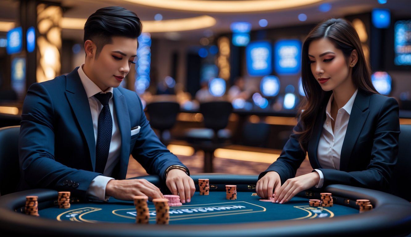 Seorang pria dan wanita duduk di meja poker dengan kartu dan chip, di dalam ruangan kasino yang modern dan terang.