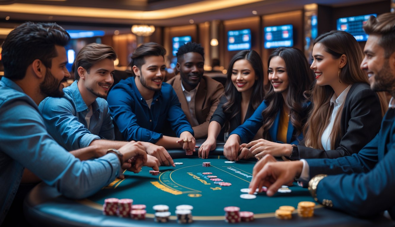 Sekelompok orang muda sedang bermain poker di meja kasino modern dengan suasana profesional dan fokus.