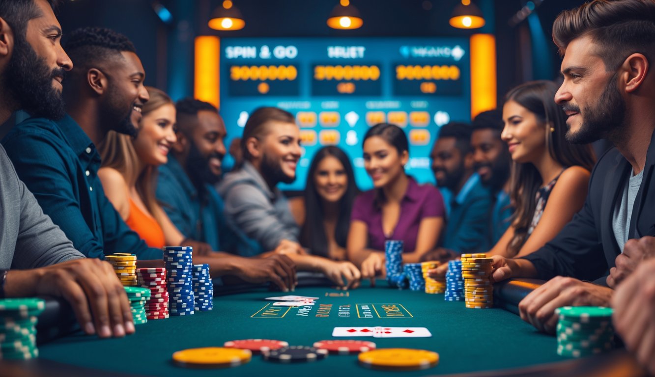 Beberapa pemain poker sedang bermain di meja poker dengan chip dan kartu, suasana penuh fokus dan semangat.