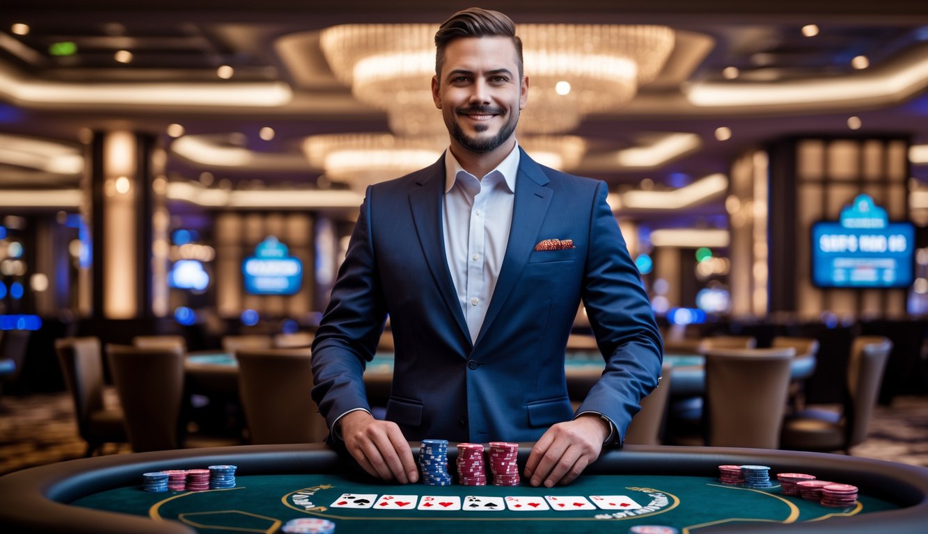 Seorang agen poker berdiri di meja poker dengan chip dan kartu di kasino mewah, menunjukkan suasana profesional dan terpercaya.