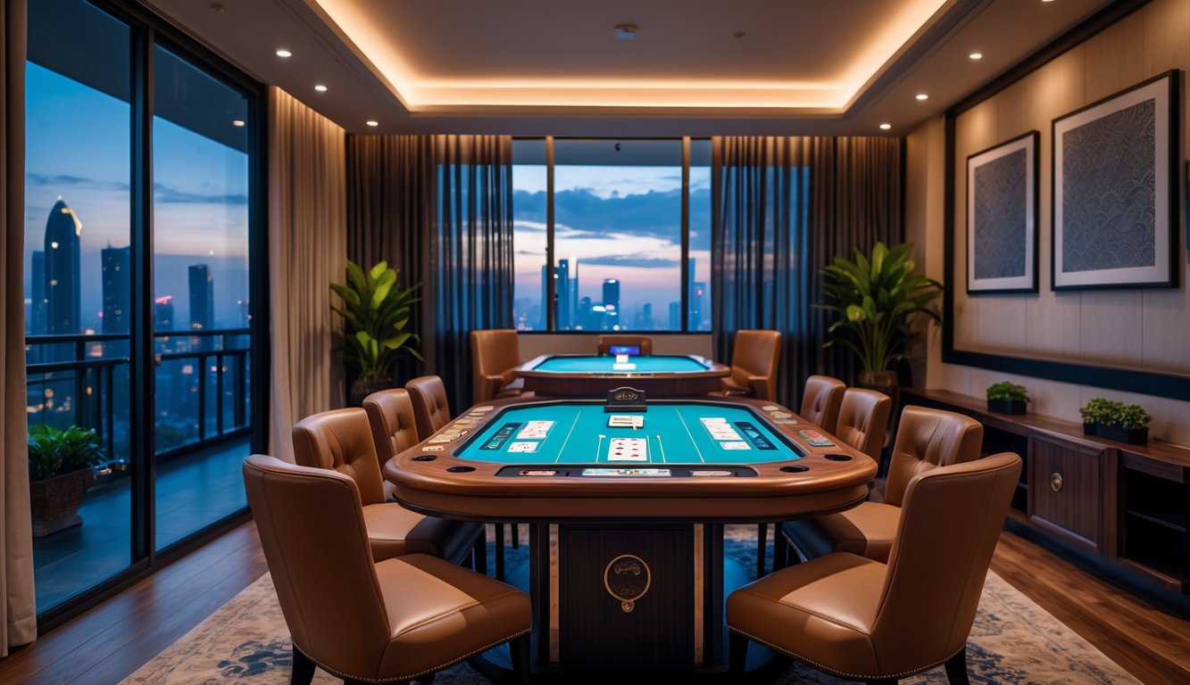 Ruangan pribadi mewah dengan meja permainan kartu Ceme dan kursi kulit yang nyaman, pencahayaan hangat, dan pemandangan kota di latar belakang.
