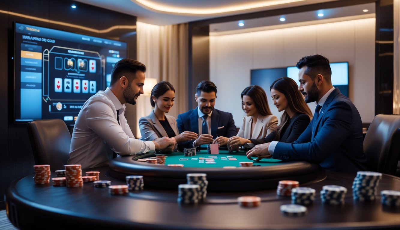 Orang-orang duduk di sekitar meja bermain kartu di ruangan privat yang modern dan elegan dengan layar digital besar yang menampilkan permainan kartu.