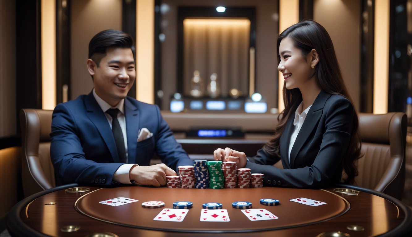 Ruang permainan pribadi dengan meja kartu, dua orang berpakaian rapi sedang bermain dan tersenyum.
