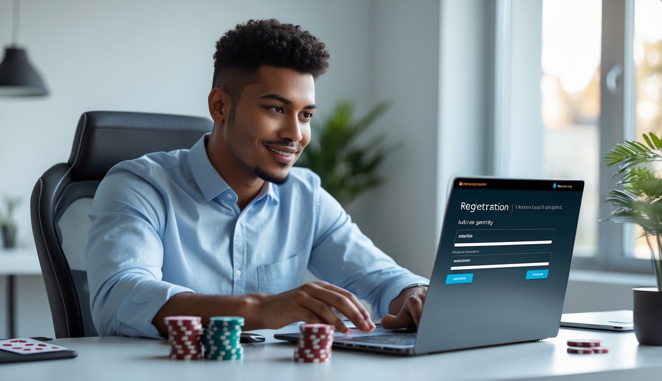 Seorang pria muda duduk di meja dengan laptop, tampak fokus mengisi formulir pendaftaran online di ruang kerja yang rapi dan terang.