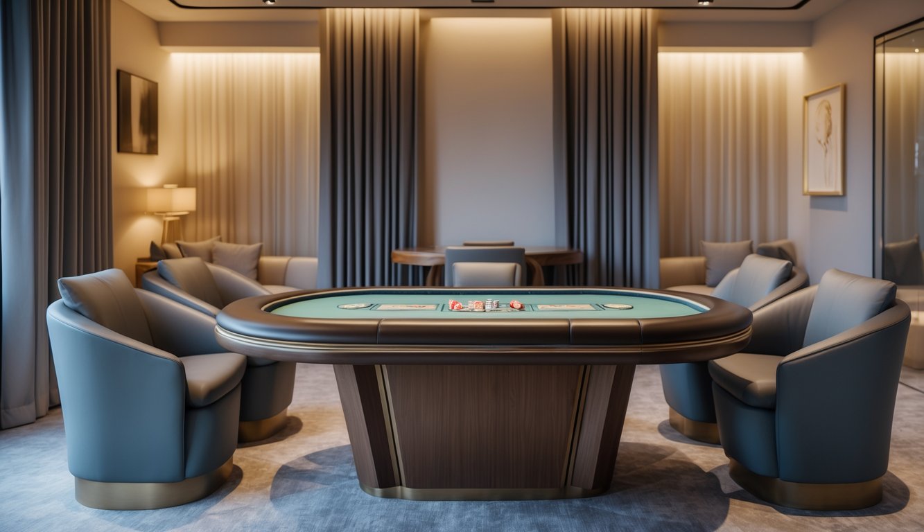 Ruangan pribadi dengan meja eksklusif untuk bermain Agen Ceme, dengan pencahayaan hangat dan dekorasi modern.