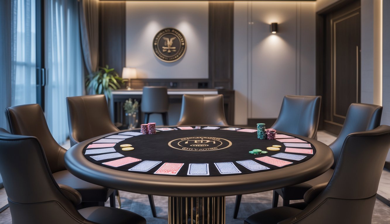 Ruangan privat eksklusif dengan meja permainan Ceme yang rapi dan kursi nyaman.