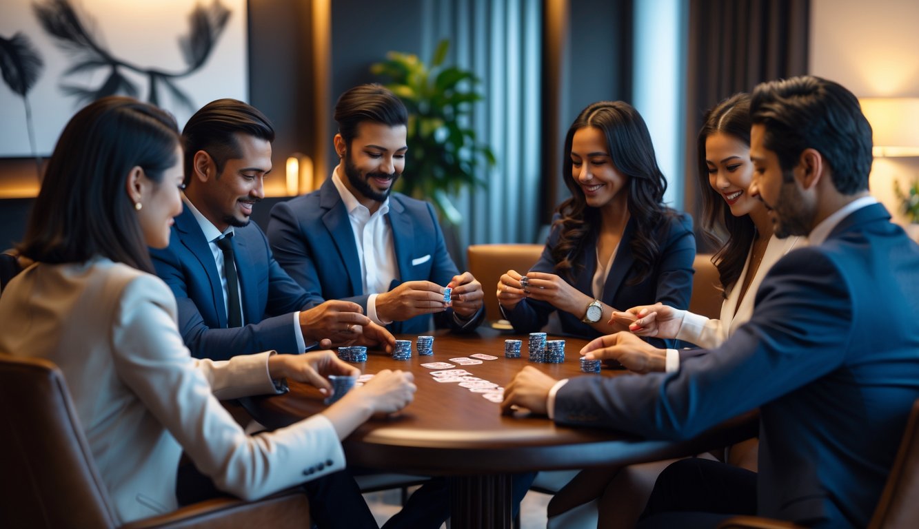 Sekelompok orang dewasa bermain kartu di ruangan pribadi yang nyaman dan mewah dengan pencahayaan hangat.