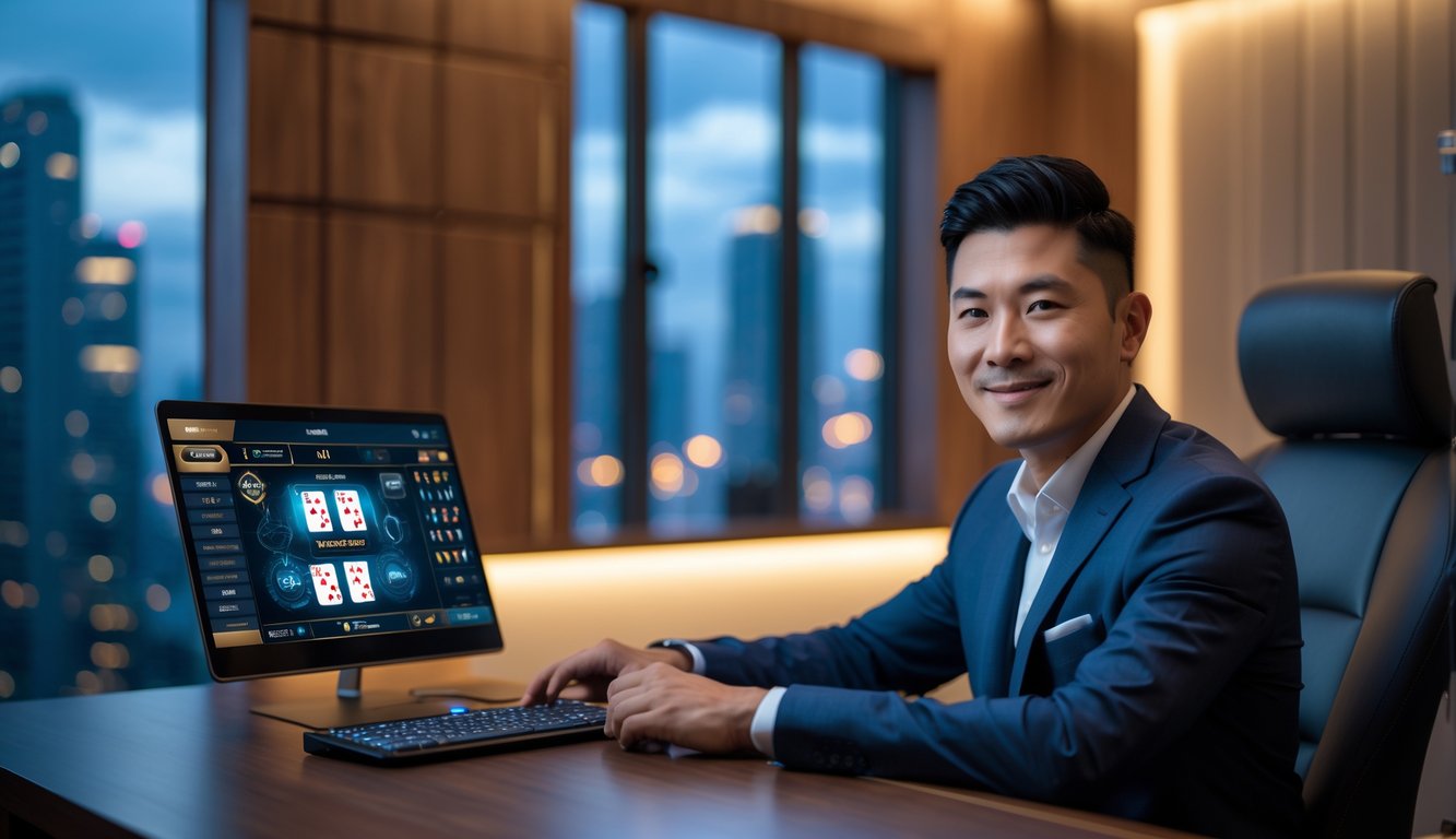 Seorang pria Asia duduk di meja modern dalam ruangan pribadi dengan pencahayaan hangat, terlihat percaya diri dan profesional, di depan laptop yang menampilkan permainan kartu digital.