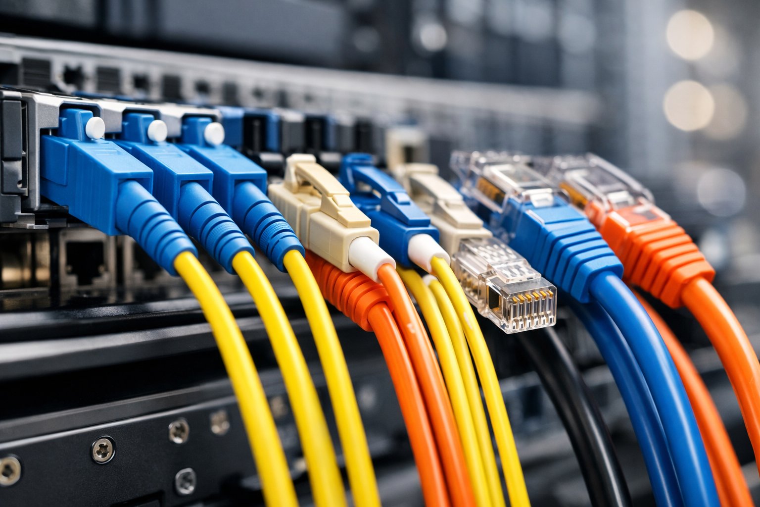 Close-up of various colorful telecom cables and connectors plugged into networking equipment.