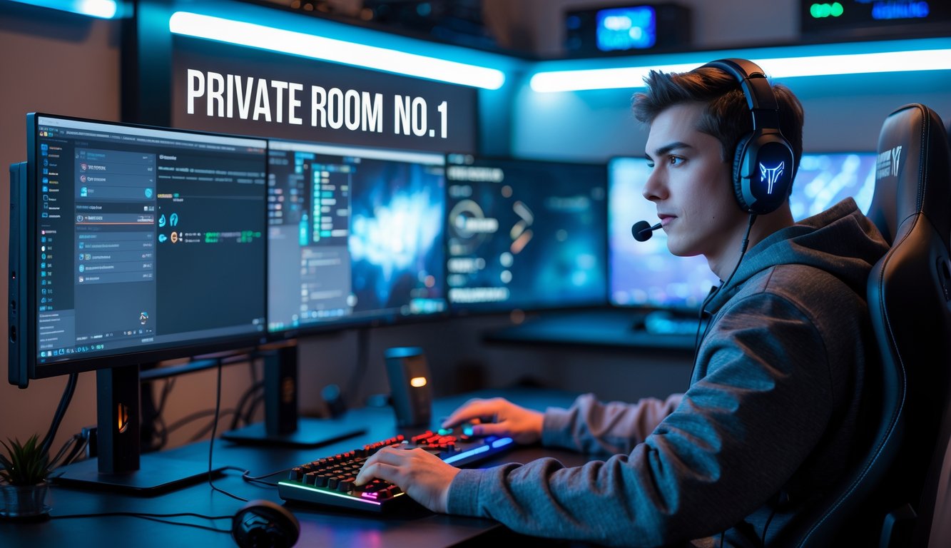 Seorang pria muda sedang bermain game di sebuah ruang pribadi dengan beberapa monitor komputer dan pencahayaan ambient.