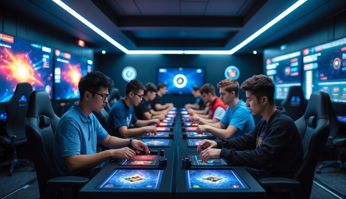 Ruangan privat modern dengan beberapa meja permainan kartu digital, orang-orang muda bermain dengan fokus di lingkungan yang nyaman dan teknologi tinggi.