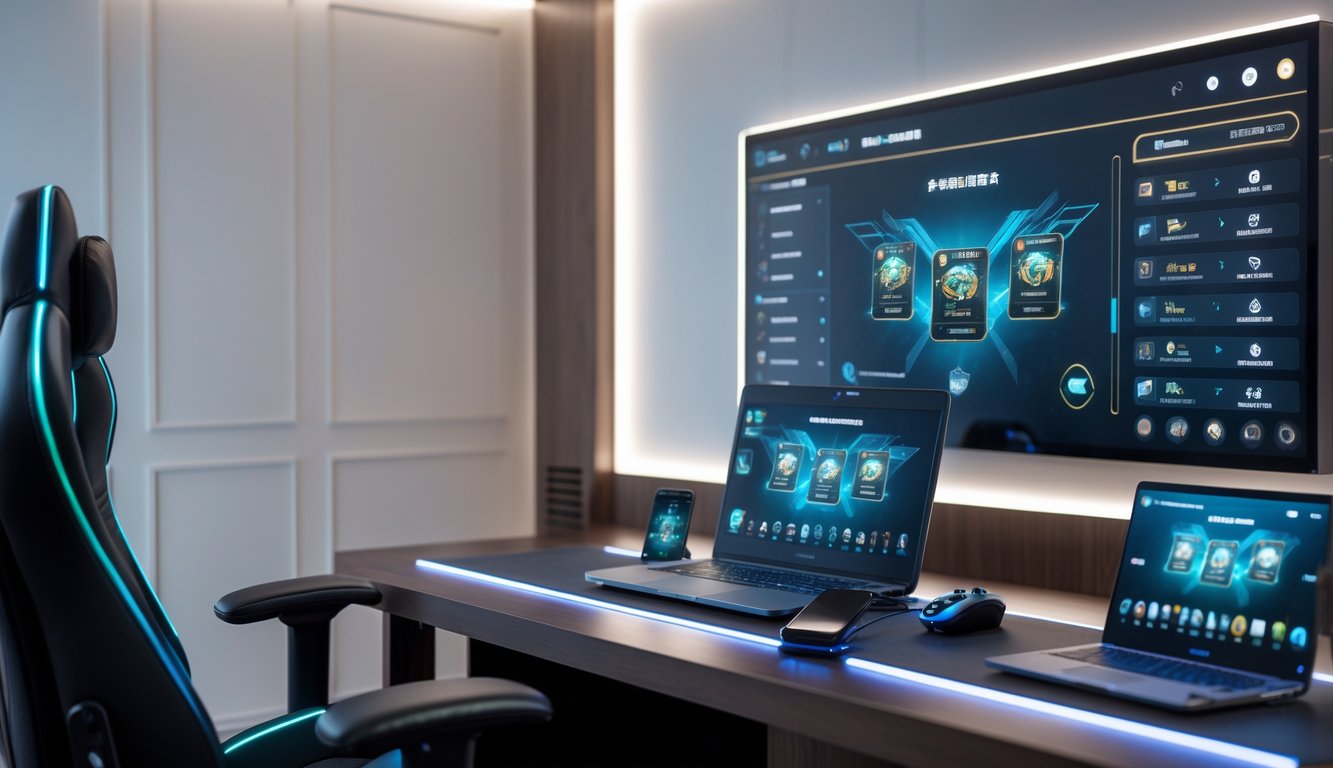 Ruangan privat modern dengan layar besar menampilkan permainan kartu virtual, kursi nyaman, dan perangkat digital di atas meja.