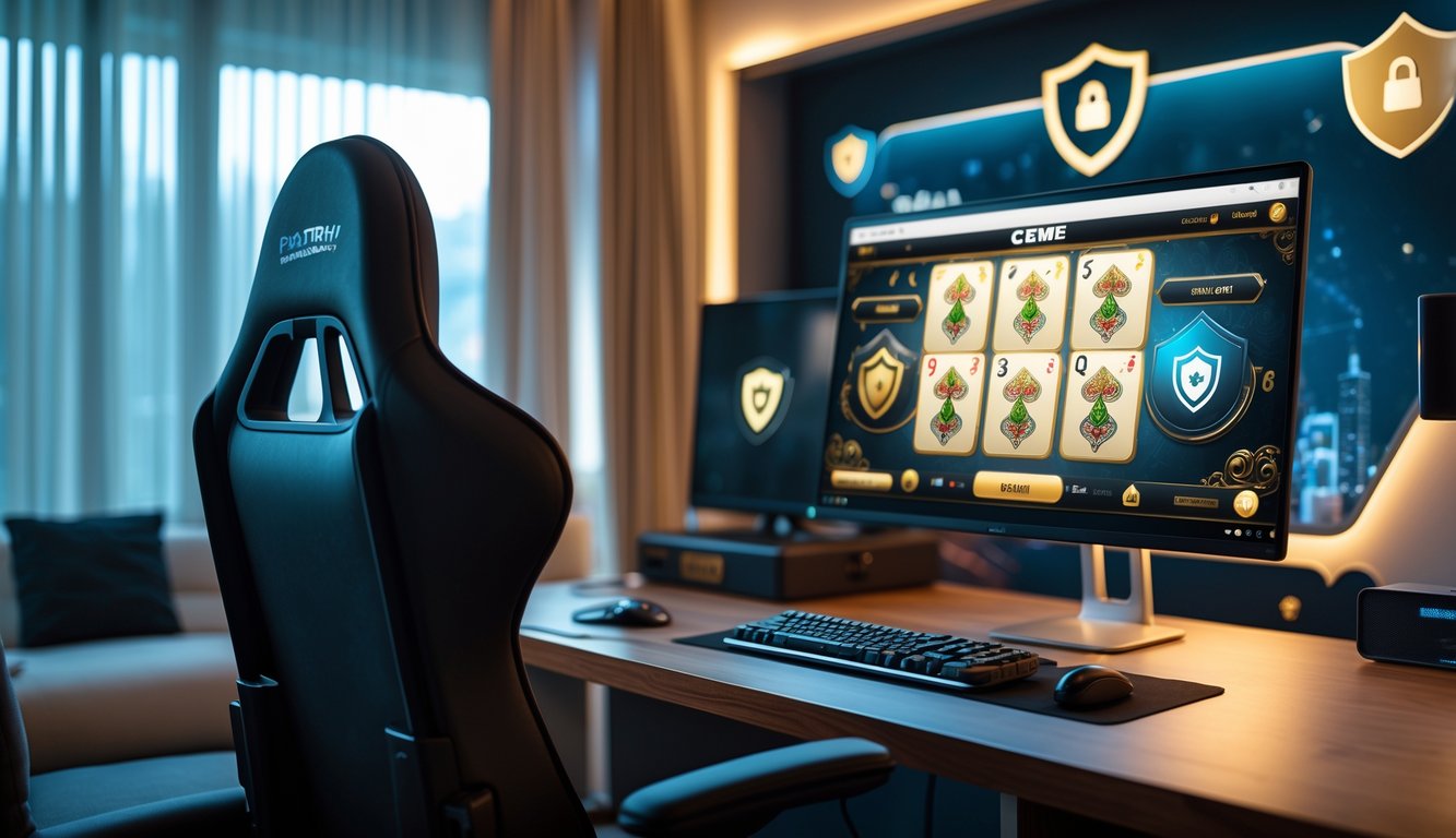 Suasana ruang bermain game kartu Ceme pribadi dengan komputer dan pencahayaan hangat di ruangan yang rapi dan nyaman.