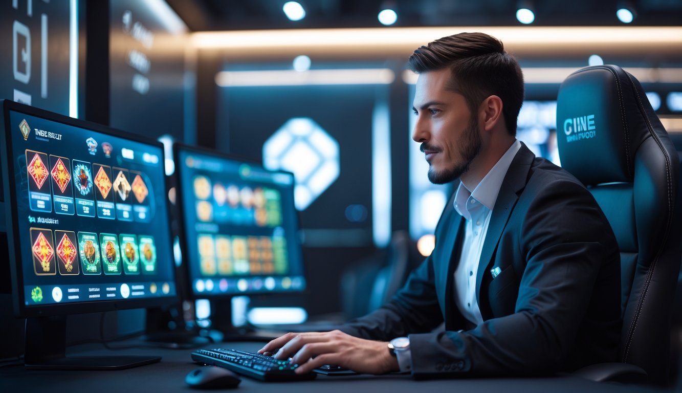 Seorang agen profesional sedang bekerja di kantor modern dengan beberapa layar komputer yang menampilkan permainan kartu digital.