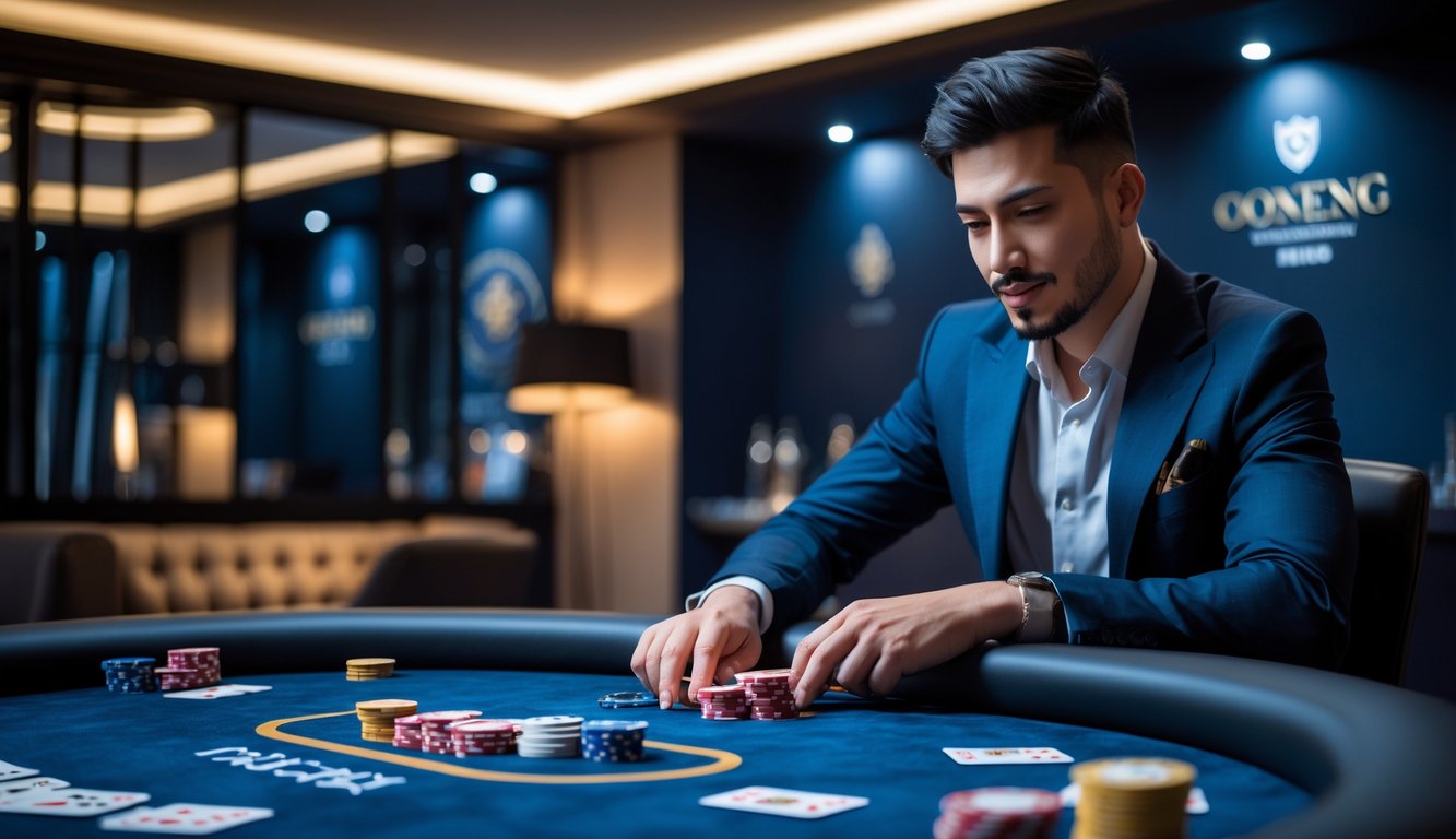 Sebuah ruangan permainan pribadi yang modern dengan meja kartu dan chip, seseorang sedang bermain dengan fokus dan suasana yang nyaman.