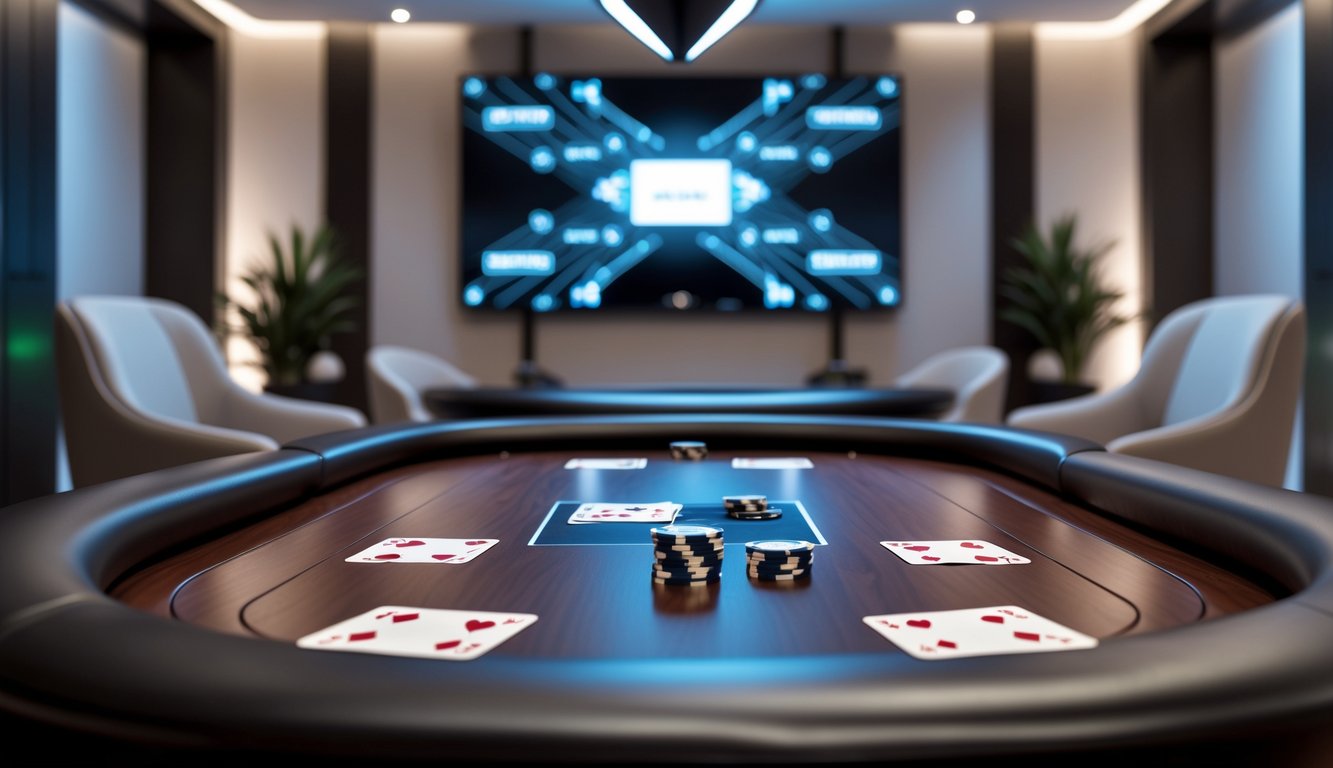 Ruangan permainan pribadi yang modern dengan meja kayu, kartu remi, dan chip poker di atasnya, kursi nyaman, dan pencahayaan hangat.