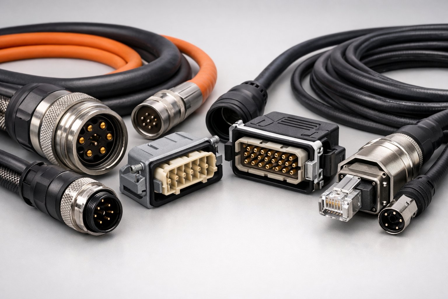 Close-up of various industrial connectors and thick cables arranged on a neutral background.