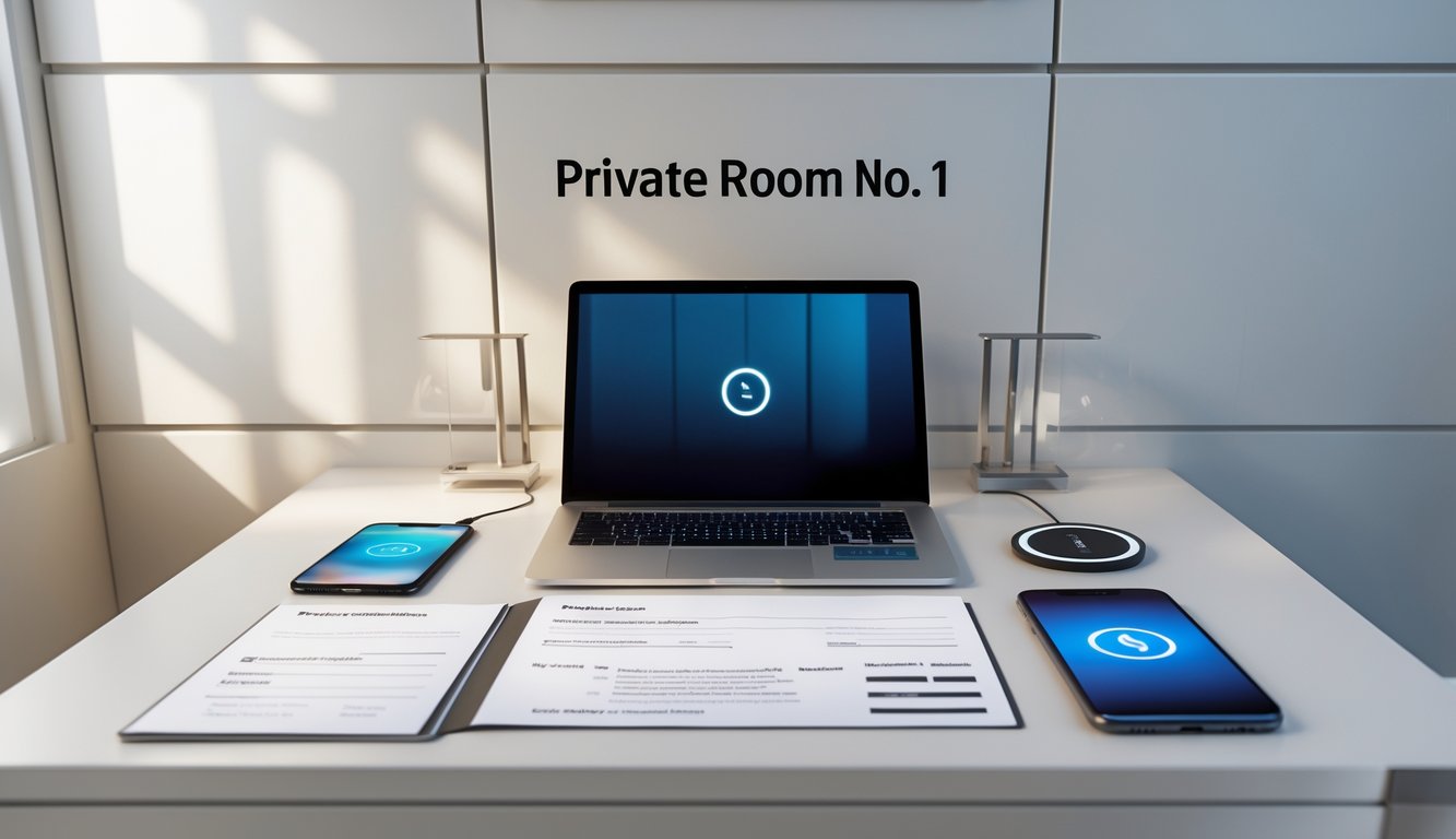 Ruang kantor pribadi yang rapi dengan meja, laptop, dan dokumen keuangan, menunjukkan suasana profesional dan terpercaya.