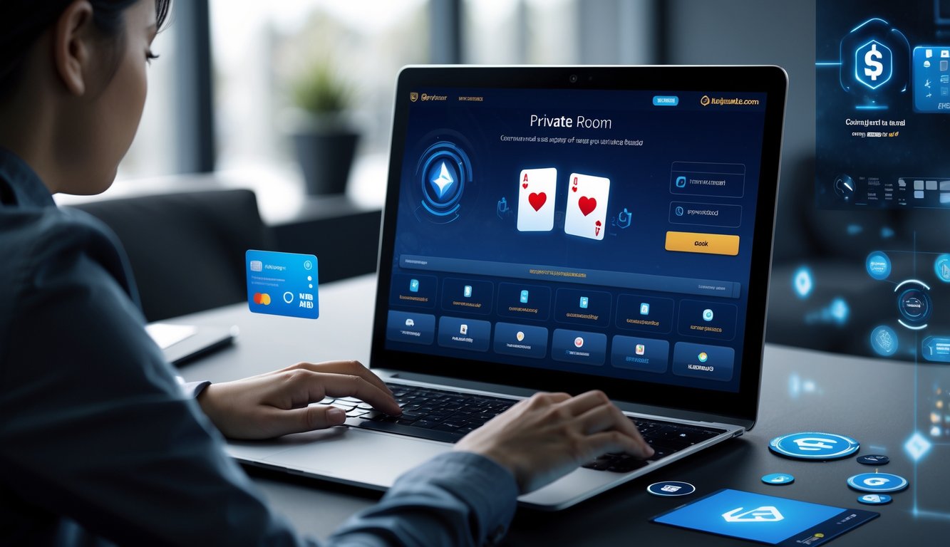 Seseorang menggunakan laptop di meja kerja dengan tampilan permainan kartu digital dan ikon metode pembayaran di sekitar, menunjukkan lingkungan permainan online yang aman dan terpercaya.