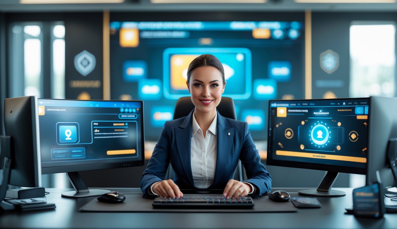 Seorang agen profesional duduk di meja modern dengan beberapa layar komputer menampilkan permainan kartu digital dalam ruangan kantor yang modern dan terang.