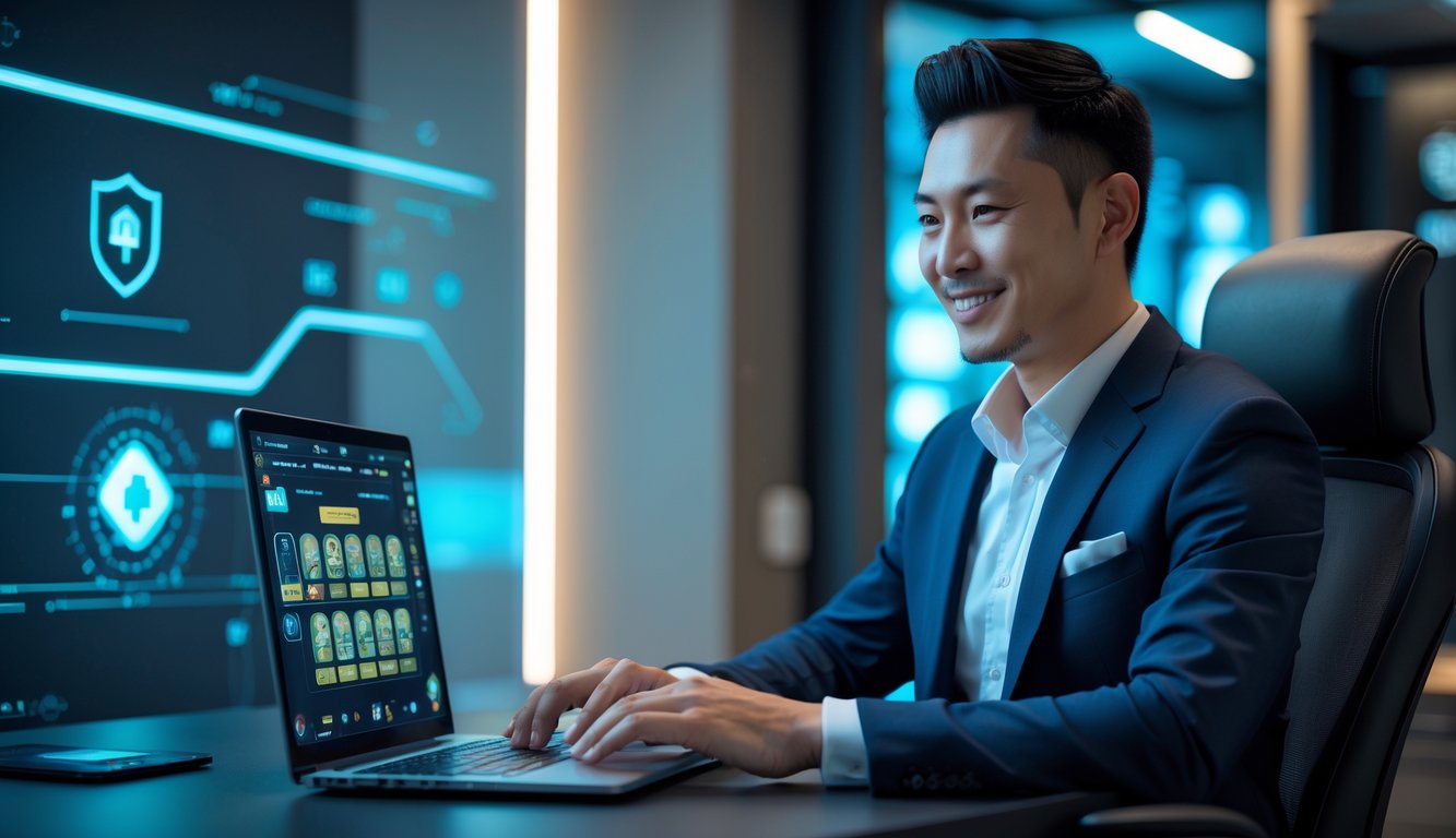 Seorang pria bisnis percaya diri duduk di meja modern dengan laptop yang menampilkan permainan kartu digital di kantor yang terang dan rapi.