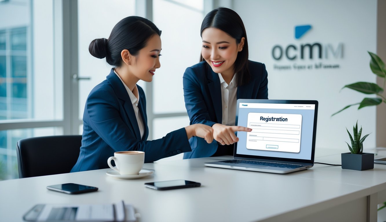 Seorang wanita bisnis membantu klien mendaftar menggunakan laptop di kantor modern yang rapi.