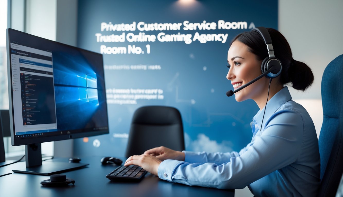 Ruang layanan pelanggan pribadi dengan seorang staf menggunakan headset di depan komputer dalam suasana kantor yang rapi dan nyaman.