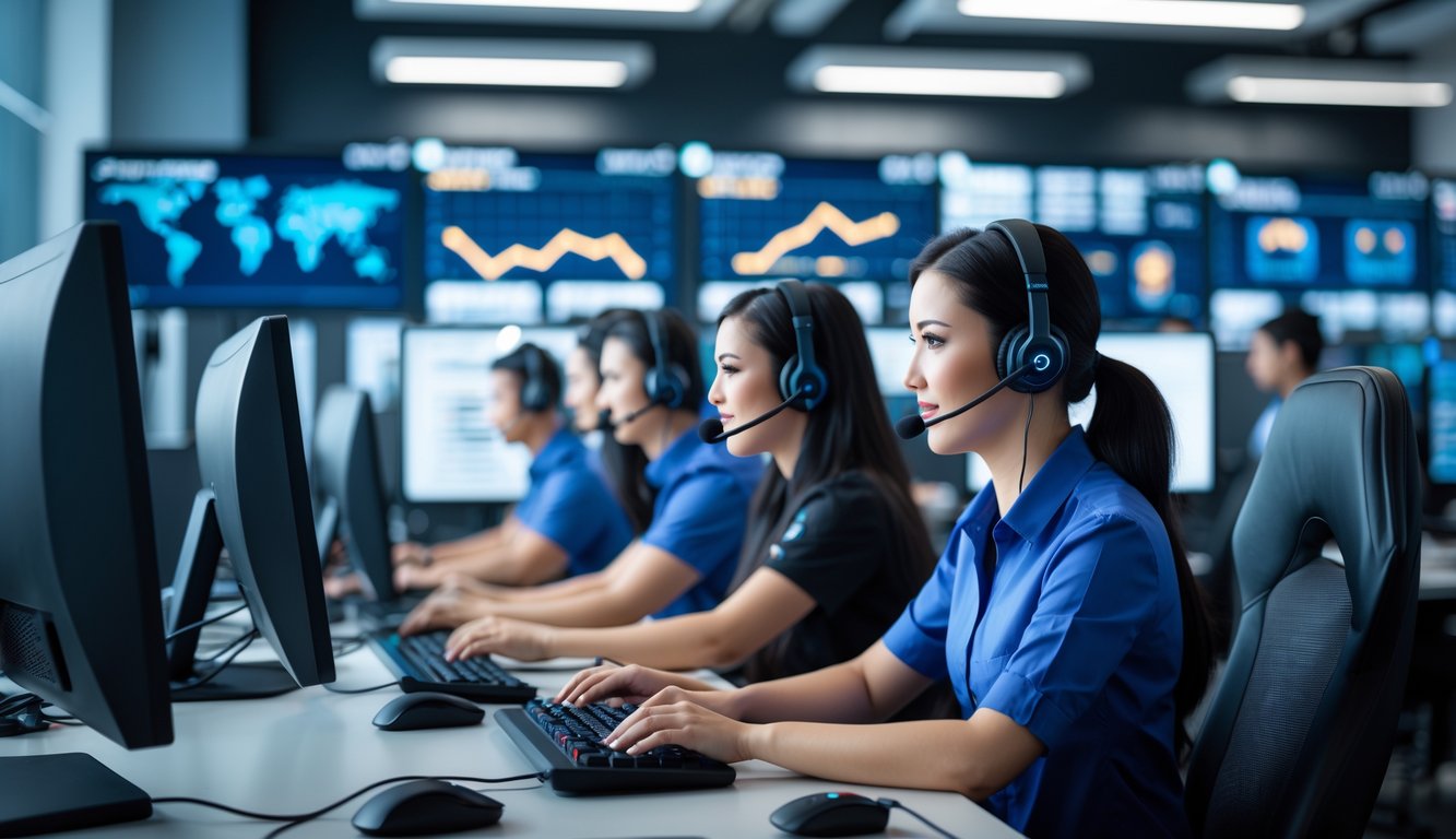 Tim layanan pelanggan yang sedang bekerja di kantor modern dengan komputer dan headset, memberikan dukungan untuk layanan permainan online sepanjang waktu.