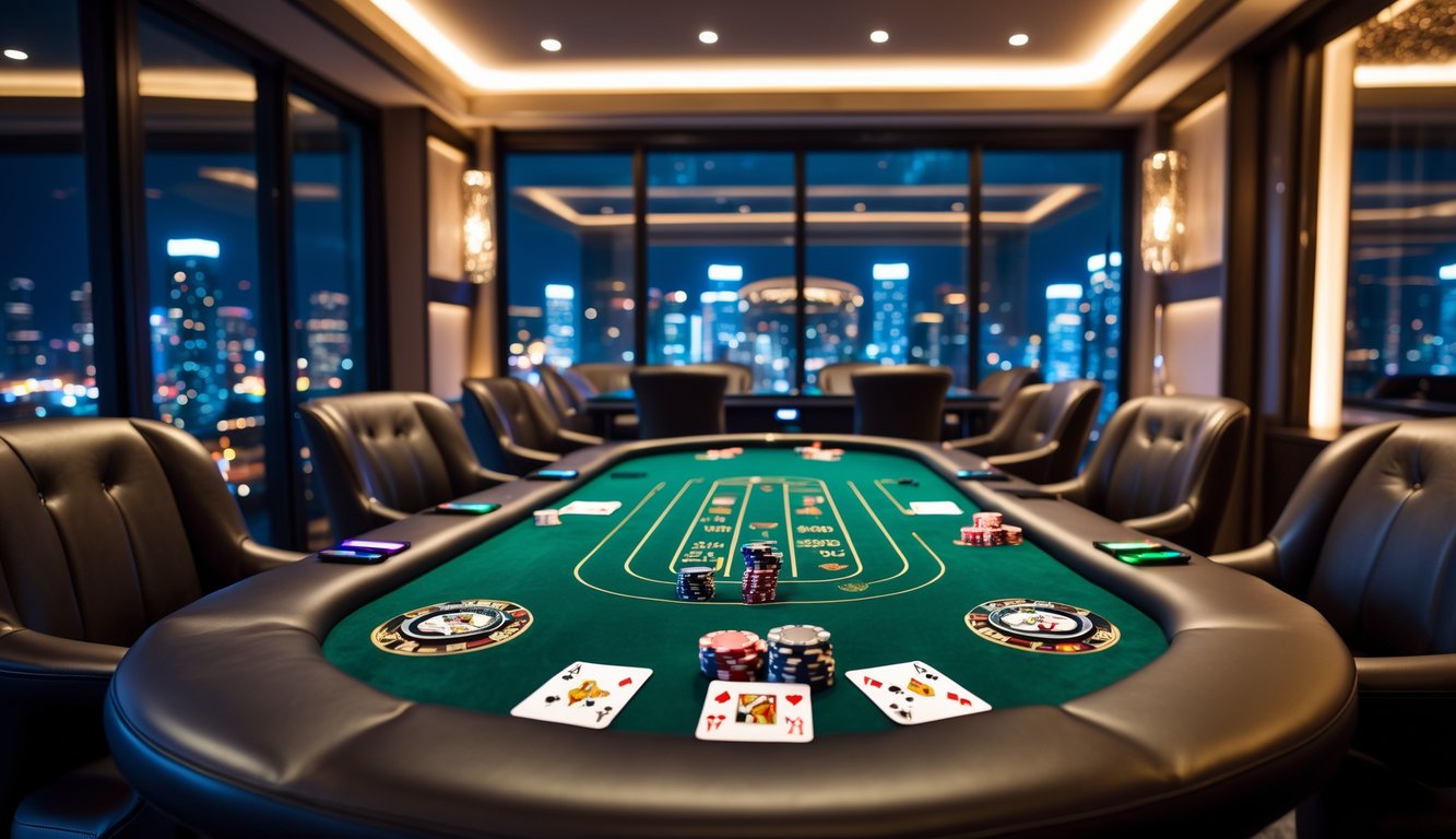 Ruangan permainan pribadi dengan meja poker, kursi kulit, dan pemandangan kota di malam hari.