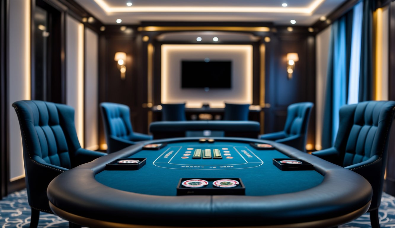 Ruang permainan pribadi dengan meja kartu modern dan pencahayaan hangat tanpa orang.