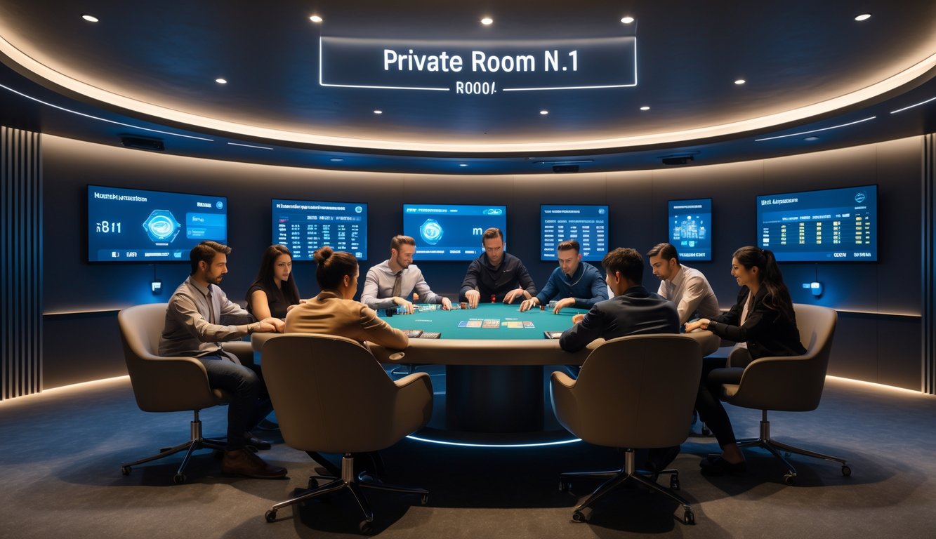 Ruangan privat dengan meja permainan dan beberapa orang sedang bermain kartu dengan serius dan adil.