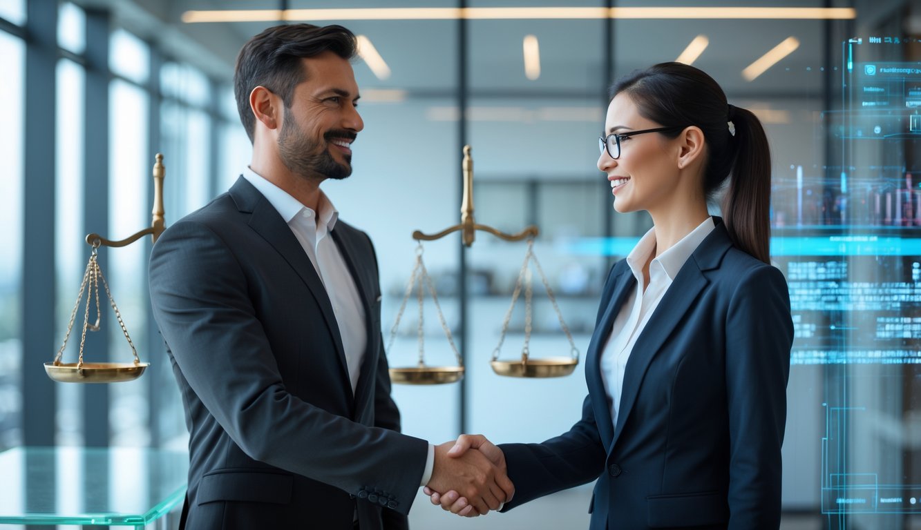 Dua profesional bisnis berjabat tangan di kantor modern dengan latar yang menunjukkan kepercayaan dan keadilan.